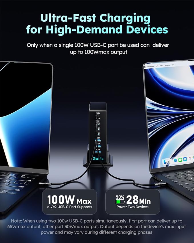 380W USB-C Charger Block, 8-Port USB-C Charging Station PD 30W + 100W PC Laptop, Fast Charging Hub with High-Power Fast Charging Cable for MacBook Pro/Air, DELL, iPad, iPhone, Samsung Galaxy Black
