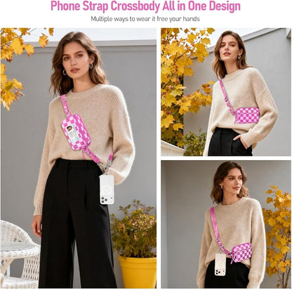 Clip and Go Strap for Phone with Wallet Crossbody Phone Lanyard and Detachable Checkered Bag with ID Window and RFID Pouch for Daily Travel.