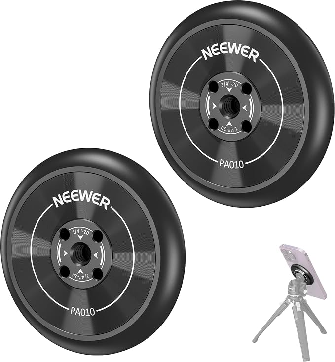 Neewer Magnetic Phone Tripod Mount Adapter with Adhesive Magnetic Ring 2 Pack Compatible with MagSafe iPhone 16 15 Pro Max Plus 14 13 12, 1/4" Thread for Video Recording Selfie Stick Ring Light, PA010