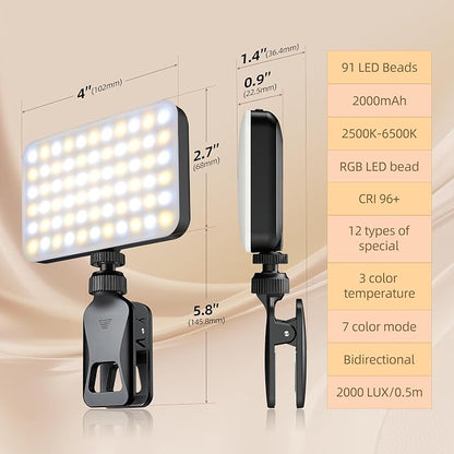 Selfie Light for Video Conference and Make Up,91 LED Clip On Light and Eye Friendly,3 Modes 10 Brightness, Rechargeable 2000mAh, Portable Compatible with Phone Laptop Webcam Zoom,Live Streaming
