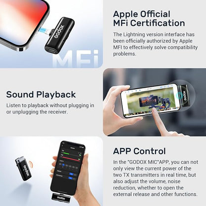 GODOX WES1 Kit1 Wireless Microphone for iPhone iPad, 2.4GHz Wireless MFi Certified Lavalier Mic, Plug and Play, Noise Cancelling,656ft, 7g Lightweight for Vlogs/Interviews/Live(1TX + 1RX(Lightning))