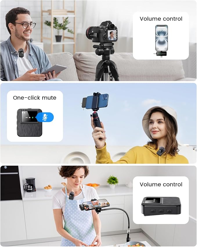 3-in-1 Compact Wireless Microphone for iPhone, Android, Camera with 20HR Battery, 328FT Range, Mini Microphone for Video Recording, Noise Canceling for Content Creators