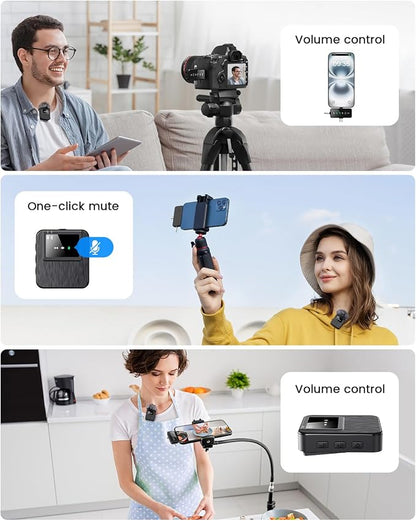 3-in-1 Compact Wireless Microphone for iPhone, Android, Camera with 20HR Battery, 328FT Range, Mini Microphone for Video Recording, Noise Canceling for Content Creators