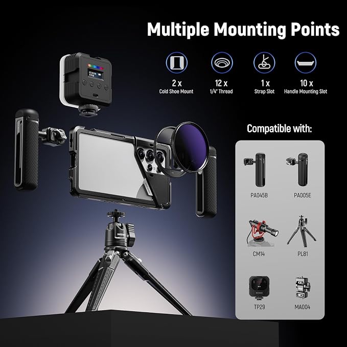 NEEWER S25 Ultra Phone Cage, Mobile Video Rig Phone Stabilizer with 67mm Filter Adapter, 17mm Lens Backplate, T Mount Adapter Compatible with Moment Samsung Galaxy S25 Ultra, 1x Cleaning Cloth, PA082
