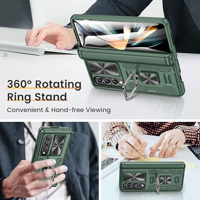 VEGO Case for Galaxy Z Fold 4 with Built-in Front Screen Protector | Samsung Z Fold 4 Case with Slide Camera Cover 360°Ring Kickstand Hinge Protection Cover for Samsung Galaxy Z Fold 4 5G- Pine