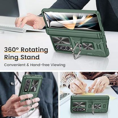 VEGO Case for Galaxy Z Fold 4 with Built-in Front Screen Protector | Samsung Z Fold 4 Case with Slide Camera Cover 360°Ring Kickstand Hinge Protection Cover for Samsung Galaxy Z Fold 4 5G- Pine