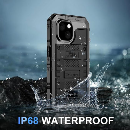 Beasyjoy for iPhone 15 Plus Case Waterproof, Metal Heavy Duty Full Body Protective Case with Built-in Screen Protector, Military Grade Shockproof Dustproof Defender Case for iPhone 15 Plus 6.7", Black