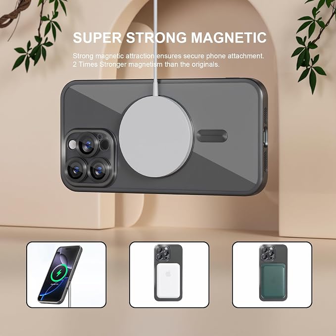 Misea Magnetic for iPhone 16 Pro Case Compatible with MagSafe [Never Yellowing] [Military Grade Drop Protection] Full Camera Lens Protector Plating Soft Clear Phone Case for Women, Titanium Black