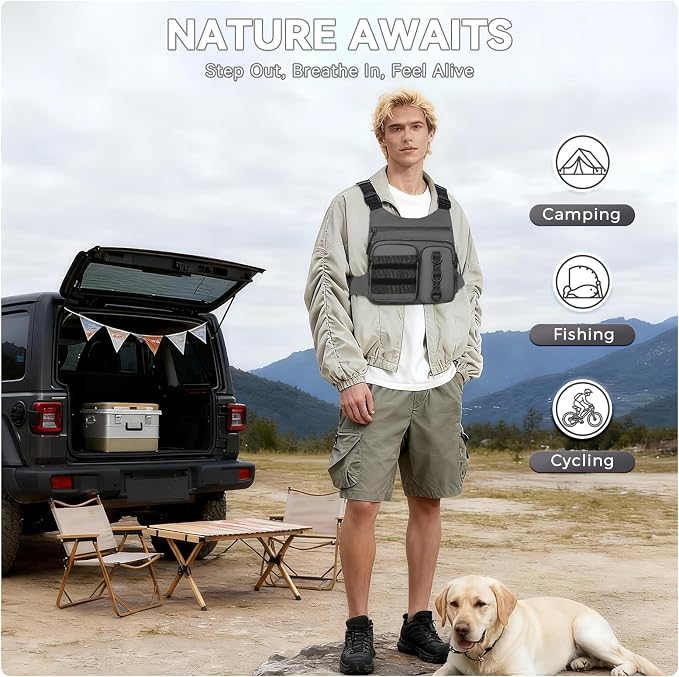 Criuage Outdoor Chest Bag for Men, Lightweight Running Vest with Water Bottle Pocket, EDC Chest Pack for Hiking, Cycling