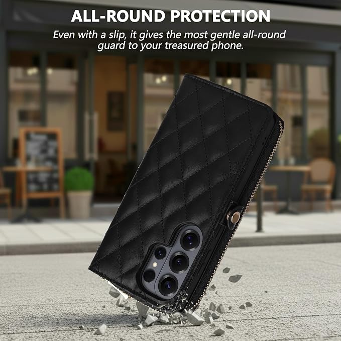 Rssviss Crossbody Case for Samsung Galaxy S26 Ultra Case Wallet, RFID Blocking Leather with Card Holder Kickstand, Handbag Zipper Flip Cover with Wrist Strap for S26 Ultra 6.9" Men Women, Black