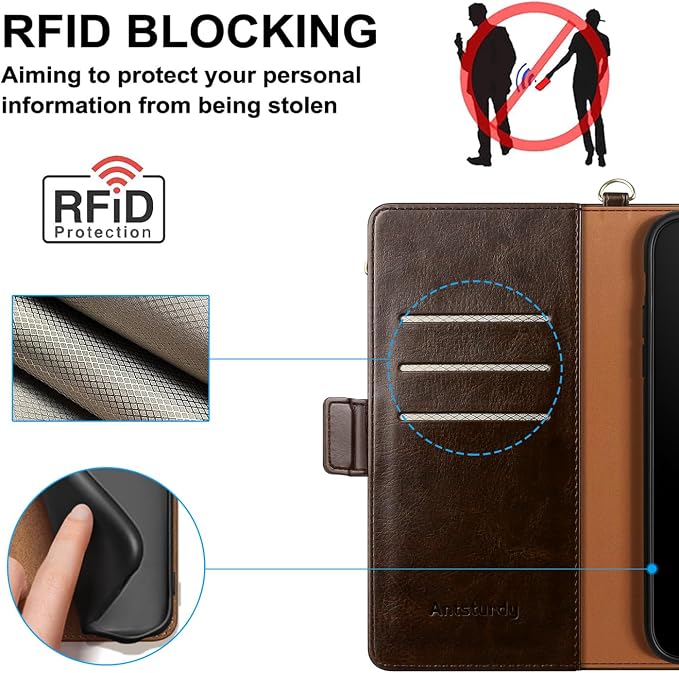 Antsturdy Compatible with iPhone 12 Wallet Case,RFID Blocking PU Leather Phone Case Women Men Kickstand Flip Cover Wrist Strap Zipper Credit Card Holder Slots,for Apple 12 Pro 6.1",Coffee