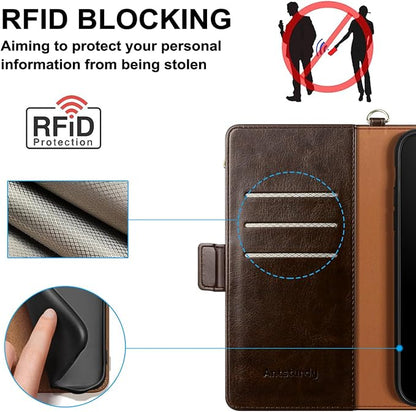 Antsturdy Compatible with iPhone 12 Wallet Case,RFID Blocking PU Leather Phone Case Women Men Kickstand Flip Cover Wrist Strap Zipper Credit Card Holder Slots,for Apple 12 Pro 6.1",Coffee