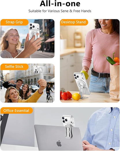 Oerwin for Magsafe Phone Grip Stand, 6-in-1 Magnetic Phone Holder for Magsafe Kickstand, 360° Rotation Phone Ring Holder with Elastic Strap, Compatible with iPhone 17/16/15/14/13/12 Series & Android