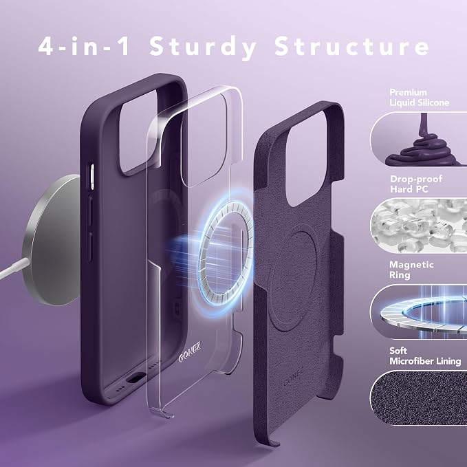 GONEZ for iPhone 14 Pro Case, Compatible with Magsafe, with Screen Protector + Camera Lens Protector, Soft Anti-Scratch Microfiber Lining, Shockproof Liquid Silicone Phone Cover, Deep Purple