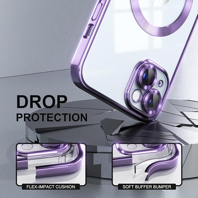 Misea Magnetic for iPhone 15 Case Compatible with MagSafe [Never Yellowing] [Military Grade Drop Protection] Full Camera Lens Protector Plating Soft Clear Phone Case for Women, Purple