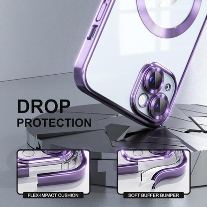 Misea Magnetic for iPhone 15 Case Compatible with MagSafe [Never Yellowing] [Military Grade Drop Protection] Full Camera Lens Protector Plating Soft Clear Phone Case for Women, Purple