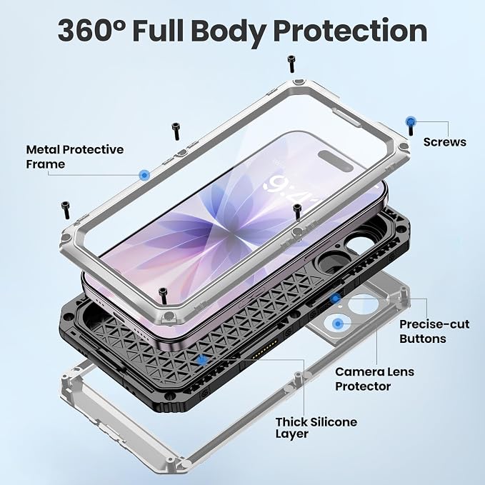 Mitywah Waterproof Case for iPhone 17, Rugged Metal Case with Built-in Screen Protector, Heavy Duty Full Body Shockproof Protective Cover 6.3 inch, Silver