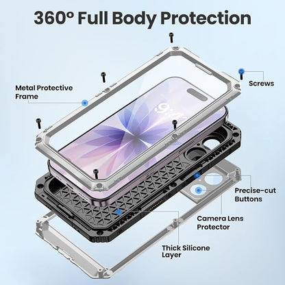 Mitywah Waterproof Case for iPhone 17, Rugged Metal Case with Built-in Screen Protector, Heavy Duty Full Body Shockproof Protective Cover 6.3 inch, Silver
