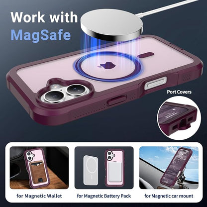 jaroco Magnetic for iPhone 16 Case, [Compatible with MagSafe][Military Grade Drop Protection][Heavy Duty Protection][Non-Slip][Shockproof] 2-Layer Durable Bumper Phone Case 6.1''-Wine Red