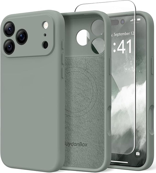 Magnetic for iPhone 17 Pro Case, Compatible with MagSafe, [Full Camera Protection][Screen Protector] Silicone Shockproof Protective Phone Case for iPhone 17 Pro 6.3", Calke Green