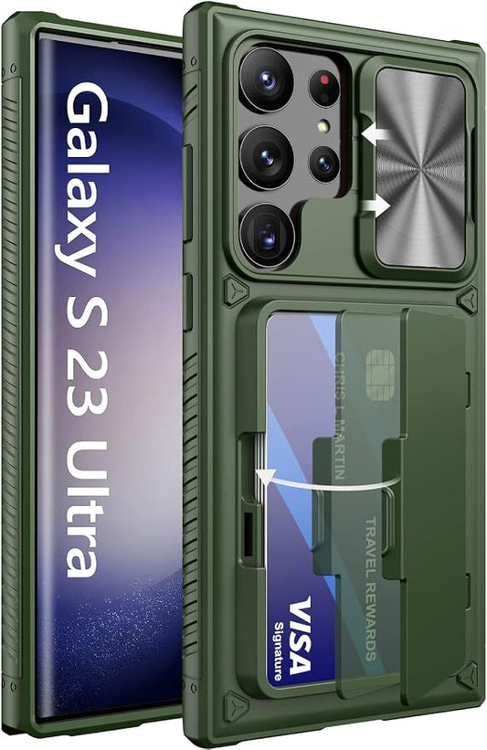 Vihibii for Samsung Galaxy S23 Ultra Case with Card Holder (4 Cards) & Sliding Camera Cover & Kickstand, Shockproof Rugged Hard Back & TPU Edge Wallet Case for Galaxy S23 Ultra 5G 6.8" 2023, Green
