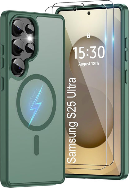 For Samsung Galaxy S25 Ultra Case [Compatible with Magsafe] Translucent Matte Magnetic Phone Case,Slim Thin Duty Shockproof Protection Cover with 2pc Screen Protector Case for S 25 Ultra-Dark green