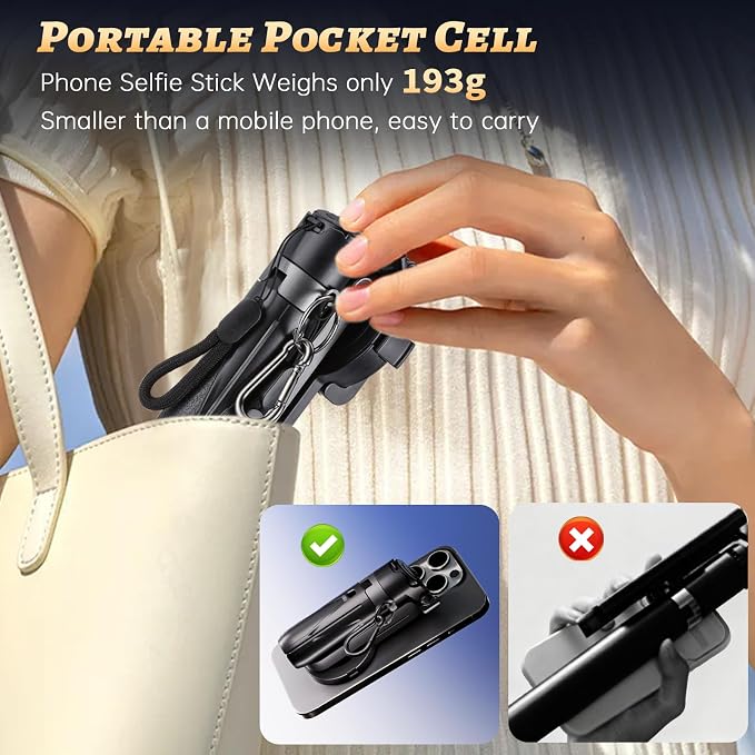 Magnetic Selfie Stick Tripod with 2 Selfie Light, Phone Tripod, Portable Pocket Size Selfie Stick with Rechargeable Remote and Metal Ring, Compatible with iPhone/Android for Photo/Video