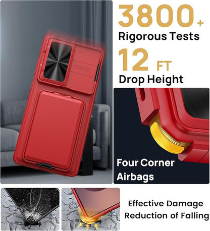 SSLOTSCASE for Samsung Galaxy S25 Ultra Case with Wallet & Stand & Sliding Camera Lens Cover & Card Holder, Heavy-Duty Rugged Silicone Edge Protective Phone Case Cover for S25 Ultra 5G 6.9" 2025, Red