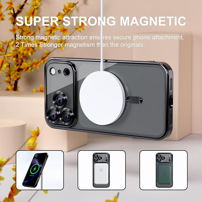 Misea Magnetic for iPhone 17 Pro Max Case Compatible with MagSafe [Never Yellowing] [Military Grade Drop Protection] Full Camera Lens Protector Plating Soft Clear Phone Case for Women, Black