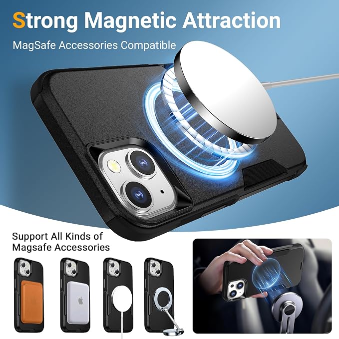 jaroco for iPhone 13 Case & iPhone 14 Case & iPhone 15 Case [Heavy Duty Protection][Compatible with MagSafe][Military Grade Drop Protection][Shockproof] with Non-Slip Removable Phone Cover 6.1''-Black