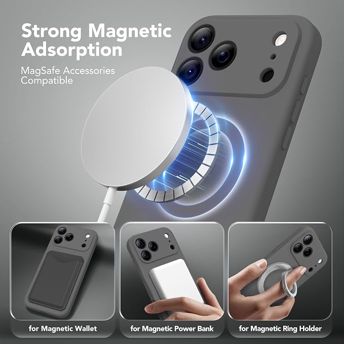 Magnetic for iPhone 17 Pro Case, Compatible with MagSafe, [Full Camera Protection][Screen Protector] Silicone Shockproof Protective Phone Case for iPhone 17 Pro 6.3", Dark Gray