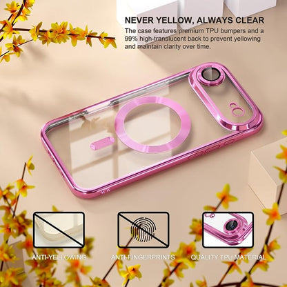 Misea Magnetic for iPhone 17 Air Case Compatible with MagSafe [Never Yellowing] [Military Grade Drop Protection] Full Camera Lens Protector Plating Soft Clear Phone Case for Women, Hot Pink