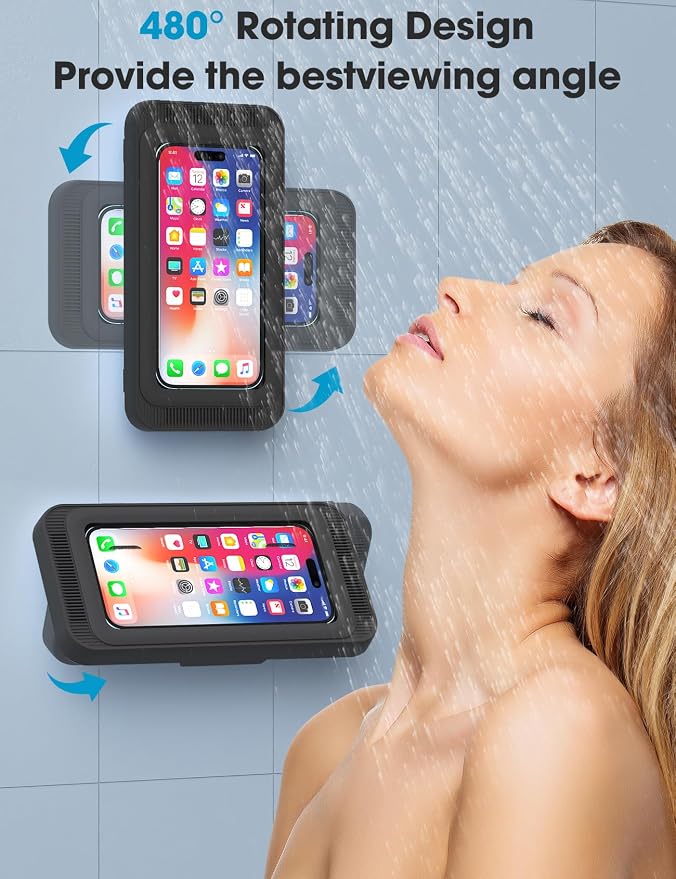 KUNSLUCK Shower Phone Holder Waterproof, 480°Rotation Shower Phone Case, Wall Phone Mount Stand with Original Sound Quality for Bathroom Wall Mirror Bathtub Kitchen, Compatible with 4-7" Phones