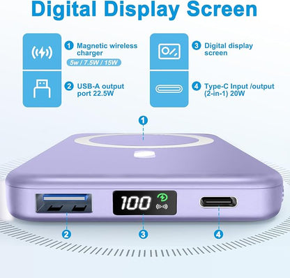 AOGUERBE for Magsafe Portable Charger, 10000mAh Magnetic Power Bank PD 22.5W Fast Charging Wireless Battery Pack with LED Display for iPhone 17/16/15/14/13/12 Series-Purple