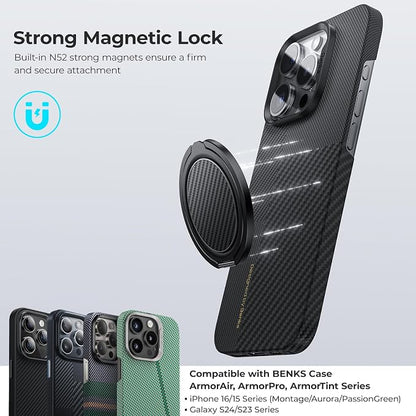 BENKS Magnetic Phone Grip Ring Holder Stand for Magsafe, 360° Rotation Adjustable Cell Phone Stand for iPhone 17/16/15/14/13/12 Series, Smartphone Accessories, Black