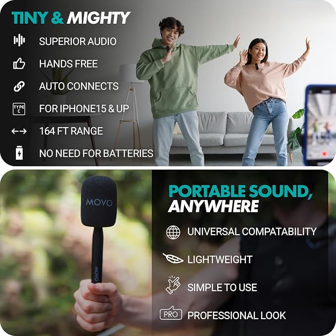 Movo Wireless Mini UC Ultra Compact Wireless Lavalier Microphone for iPhone 15/16/17 and up with WMX-HM Handheld Adapter - Lapel Mic with Handle Mount for Content Creators, Interviews, Reporting