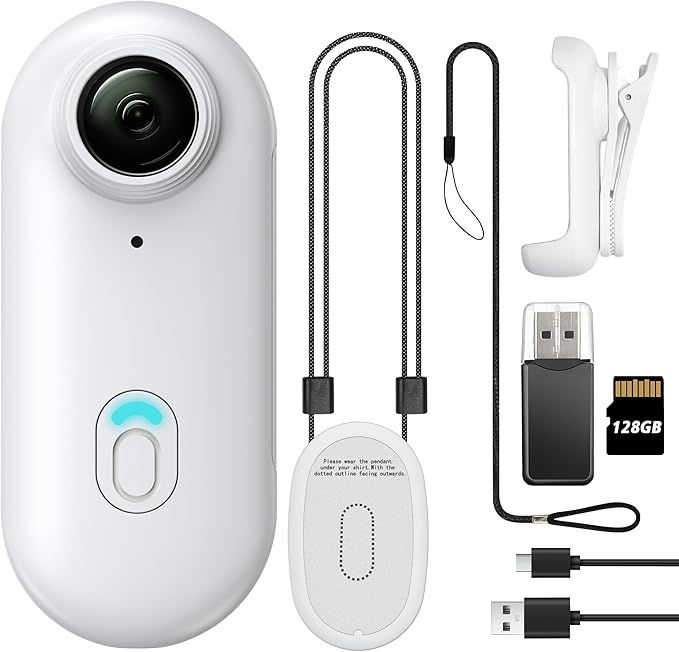 Mini Body Camera, Wearable Action Body Cam, Thumb Size Hands Free Recording Body Worn Camera, Premium Portable Camcorder Mount Anywhere for Pet Walking, Work, Travel (White, 128GB)