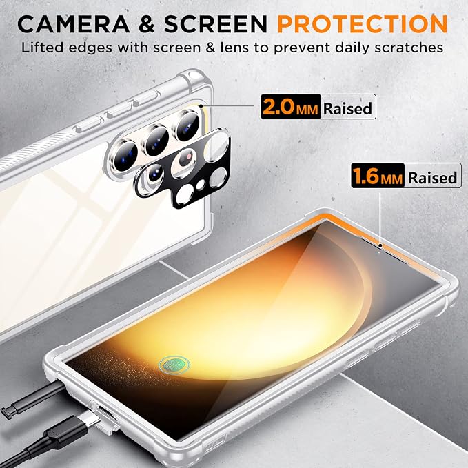 Temdan for Samsung Galaxy S23 Ultra Case, [Built-in Screen Protector]+[2Pcs Lens Protector][Touch Sensitive][Anti-Scratch][Military Grade Shockproof] Full Body Protection Case for S23 Ultra 5G,White