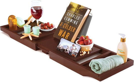 Wooden Bathtub Tray - Foldable & Expandable Bamboo Bath Tray for Tub with Wine Holder, Book & Tablet Stand - Bath Caddy Tray for Bathtub, Spa Bath Accessories, Tub Tray Table, (Brown)