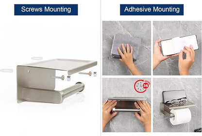 NearMoon Toilet Paper Holder with Shelf, Heavy Duty Bath Toilet Roll Holder with Phone Shelf Tissue Hanger for Bathroom/Kitchen No Drill or Wall Mounted(304 Stainless Steel, Brushed Nickel)