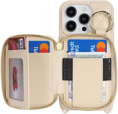 Crossbody Wallet Case for iPhone 14 Pro, PU Leather Zipper Handbag Purse Flip Cover, Kickstand Folio Case with Card Slots Holder Wrist Strap Lanyard 5G 6.1 Inch-White