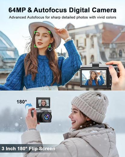 4K Digital Camera with WiFi 64MP Autofocus Vlogging Camera Compact Travel Cameras for Photography, 3" 180° Flip Screen 16X Zoom Flash Anti-Shake, Point and Shoot Camera for Beginner, Easy to Use