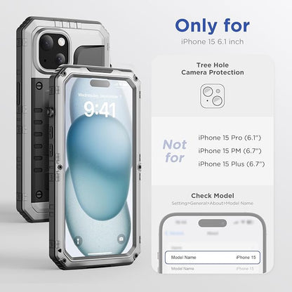 Mitywah Waterproof Case for iPhone 15, Heavy Duty Shockproof Case with Built-in Screen Protector, Full Body Underwater Protective Metal Case 6.1 inch, Silver