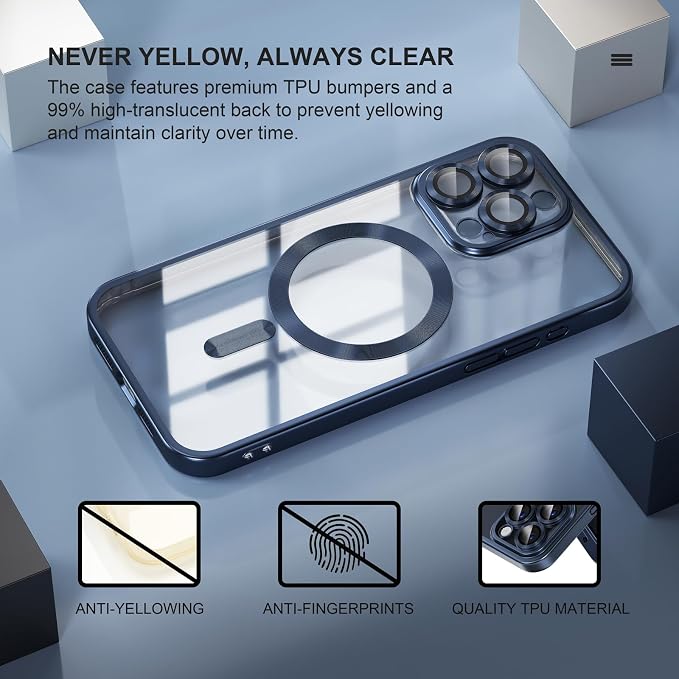 Misea Magnetic for iPhone 15 Pro Max Case [Never Yellowing] [Military Grade Drop Protection] Full Camera Lens Protector Soft Clear Phone Case for Women Girls, Titanium Blue