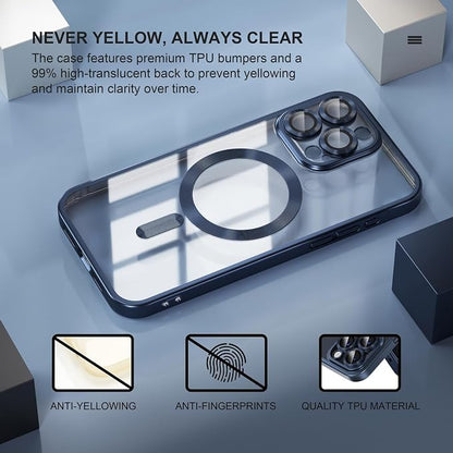 Misea Magnetic for iPhone 15 Pro Max Case [Never Yellowing] [Military Grade Drop Protection] Full Camera Lens Protector Soft Clear Phone Case for Women Girls, Titanium Blue