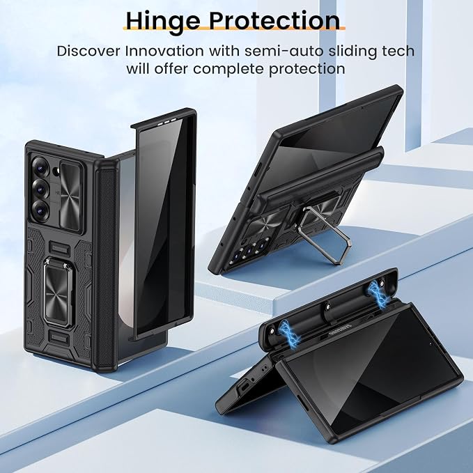VEGO for Samsung Z Fold 6 Case with Hinge Protection & Kickstand, Black | Full-Body Built-in Privacy Screen Protector Slide Camera Cover - Shockproof Protective Case for Galaxy Z Fold 6 5G 2024