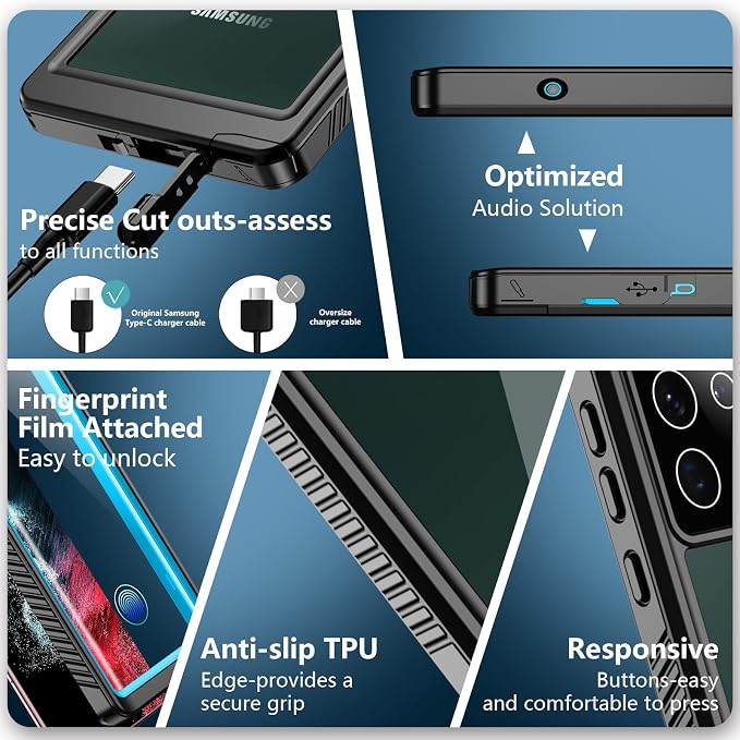 SPIDERCASE Designed for Samsung Galaxy S22 Ultra Case, Waterproof Built-in Screen Protector Full Protection Heavy Duty Shockproof Case, Blue/Clear
