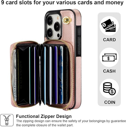 Bocasal Crossbody Wallet Case for iPhone 15 Pro, RFID Blocking Leather Purse Case with Card Holder, Protective Handbag Flip Cover with Zipper Wrist Strap Lanyard for Women 5G 6.1 Inch (Rose Gold)