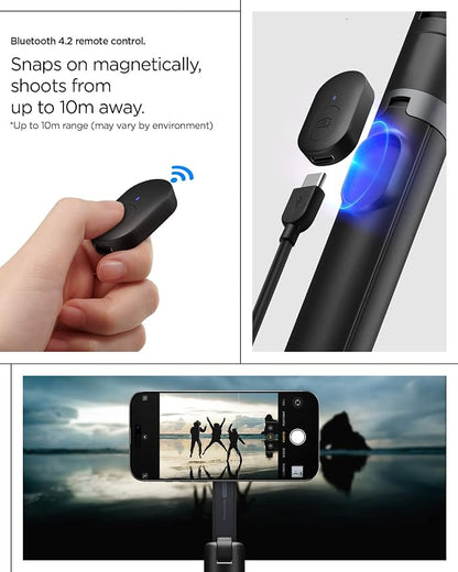 Spigen Selfie Stick Automatic Tripod Stand with Bluetooth Remote Control Shutter 57" Extendable Compatible with MagSafe iPhone 17/16/15/14/13/12 Pixelsnap Pixel 10 Series & More - Black (S581W)