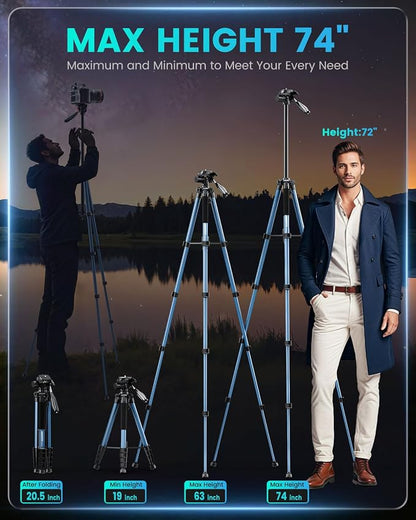 CAMBOFOTO 74"-Camera-Tripod, Navy Blue Professional Aluminum Heavy Duty Tripod Stand for Mirrorless Camera/DSLR/Cell Phone/Camcorder, with Holder and Travel Bag